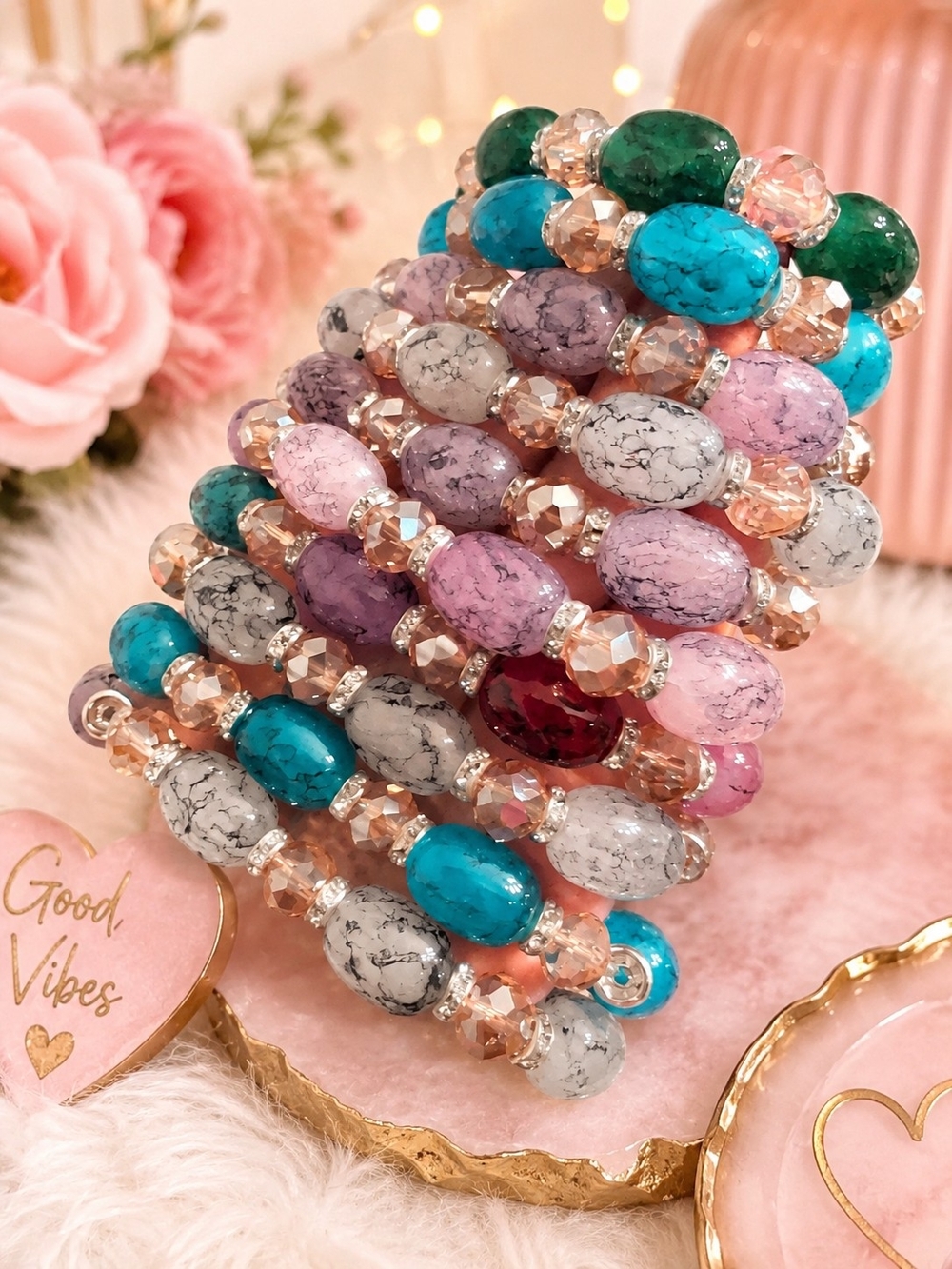 Pick ulti-Color Beaded Stretch Bracelet Stack - Pink, Turquoise, Lavender
